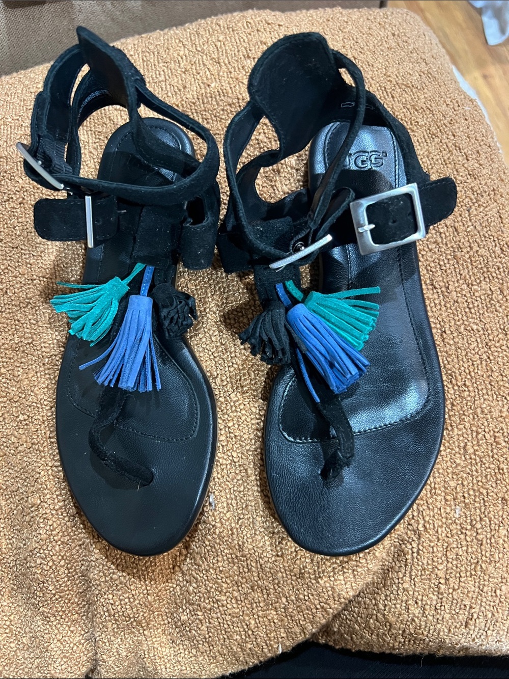 Black Suede Tassel Gladiator Sandals with Blue & Teal Accents